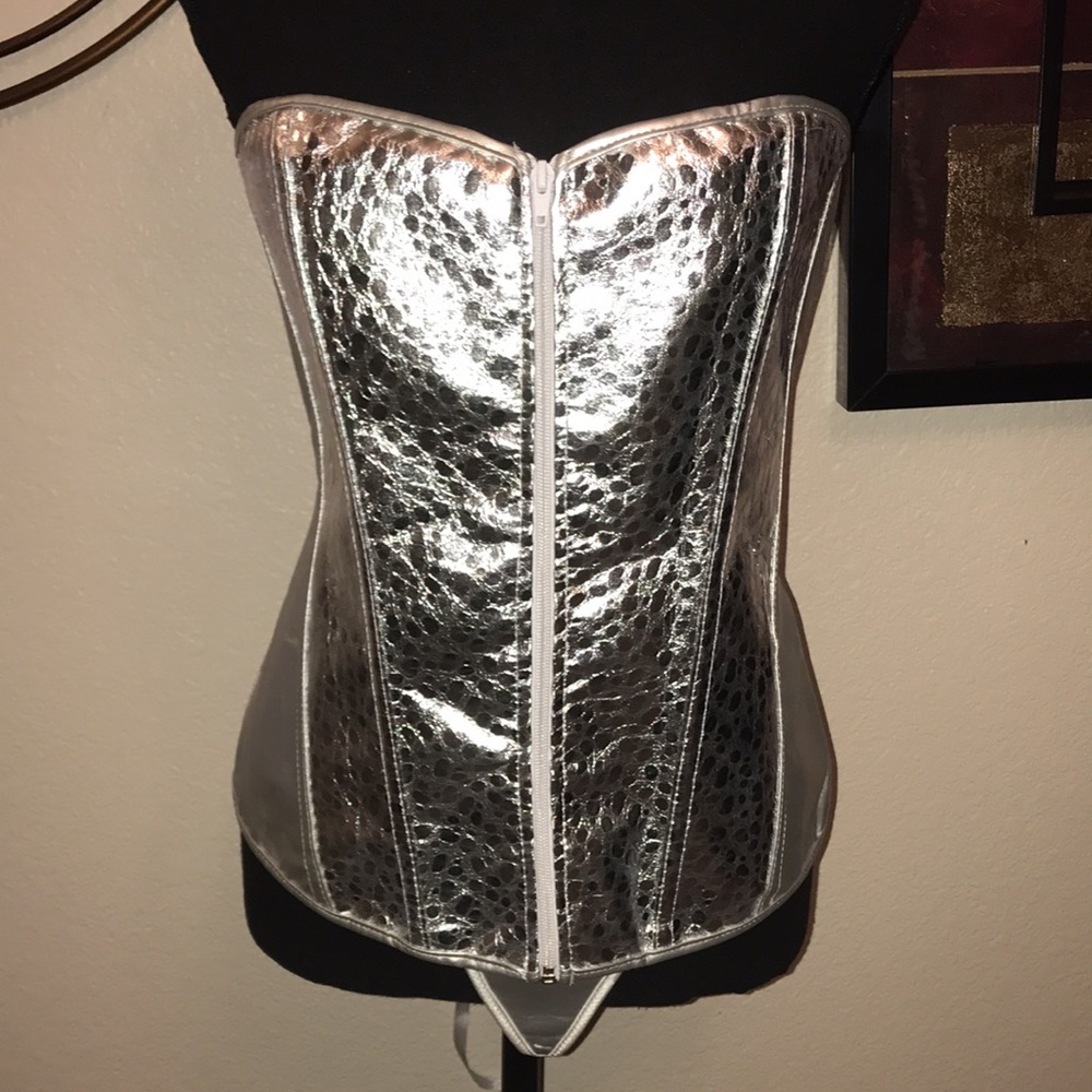 2 Pc Metallic Silver Corset Bustier Lingerie w/g-string panties Intimates